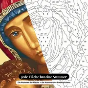 Malen nach Zahlen Jungfrau Maria Ikone im byzantinischen Stil mit goldenen Verzierungen – Nahaufnahme der nummerierten Leinwand