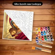 Malen nach Zahlen Jungfrau Maria Ikone im byzantinischen Stil mit goldenen Verzierungen – Set bereit zum Loslegen auf dem Tisch
