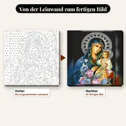 Malen nach Zahlen Maria mit Kind und Lilienstrauß – vorher und nachher: vorgezeichnete Leinwand und fertiges Gemälde