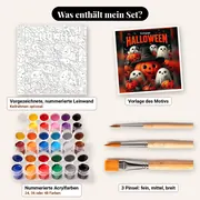 Malen nach Zahlen Halloween-Kürbisse und Geister – Set-Inhalt: vorgezeichnete Leinwand, Farben, Pinsel