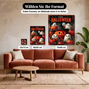 Malen nach Zahlen Halloween-Kürbisse und Geister – verfügbare Formate im Größenvergleich zu einem Sofa