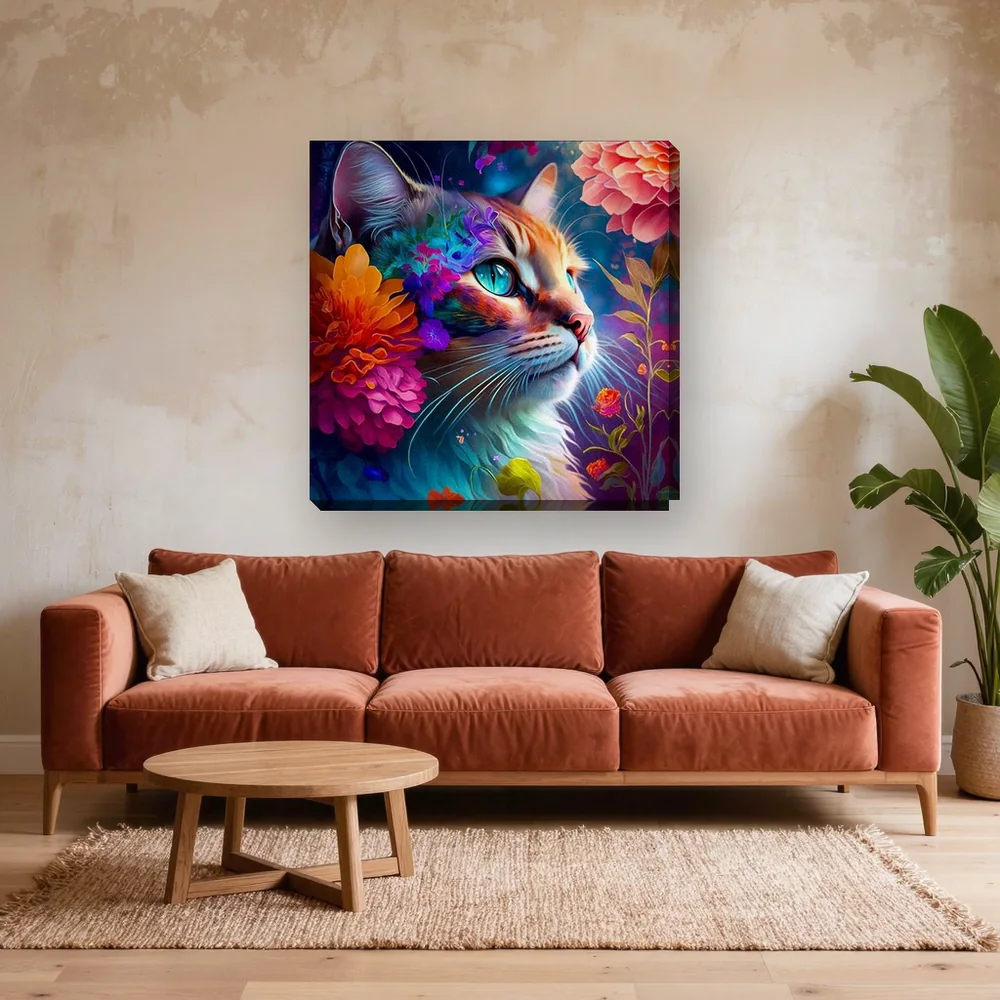Malen nach Zahlen bunte Katze mit großen orangefarbenen Blumen – fertiges Gemälde in einem Wohnzimmer