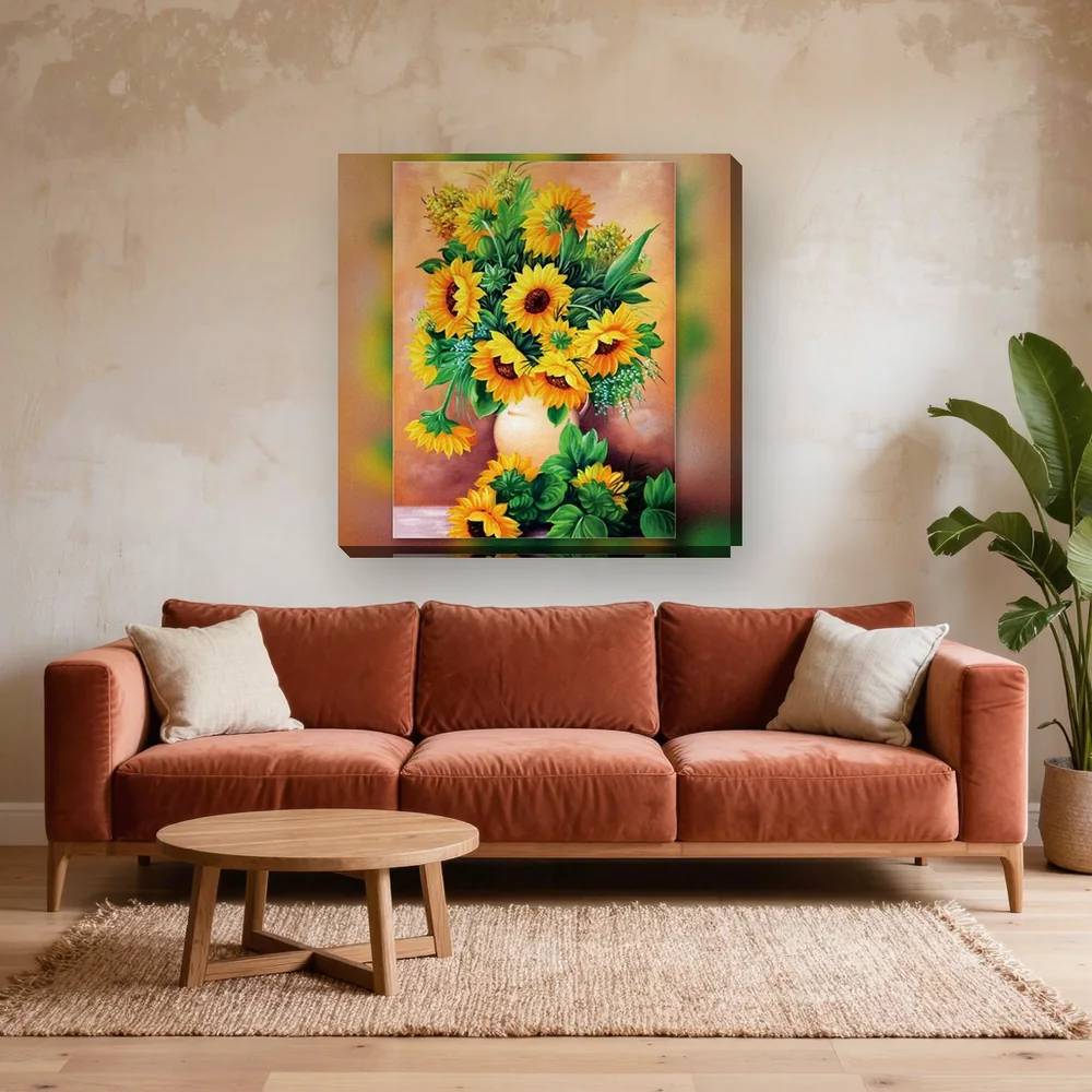 Malen nach Zahlen Sonnenblumenvase auf einem Tisch – fertiges Gemälde in einem Wohnzimmer
