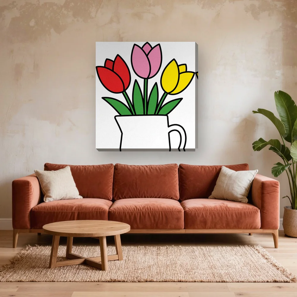 Malen nach Zahlen drei Tulpen in weißer Vase – fertiges Gemälde in einem Wohnzimmer