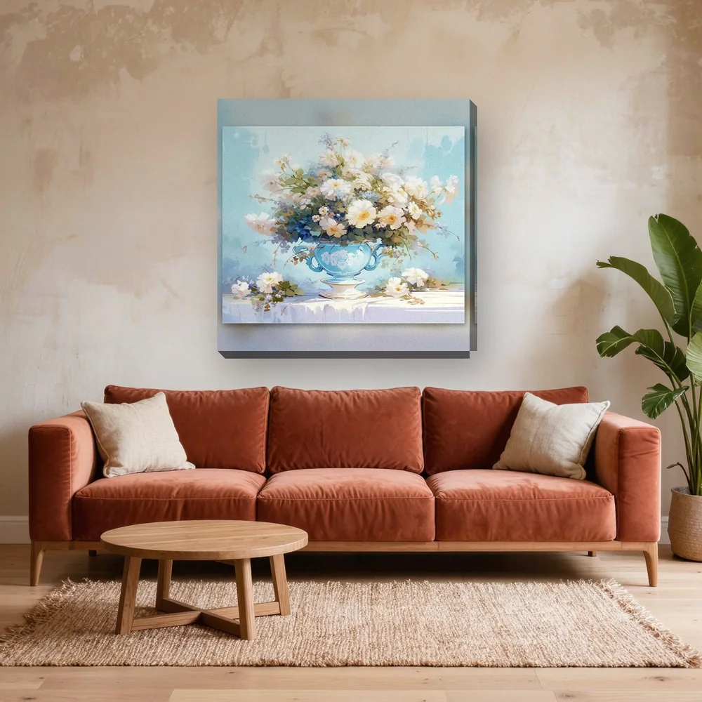 Malen nach Zahlen weißer Blumenstrauß in blauer Vase – fertiges Gemälde in einem Wohnzimmer