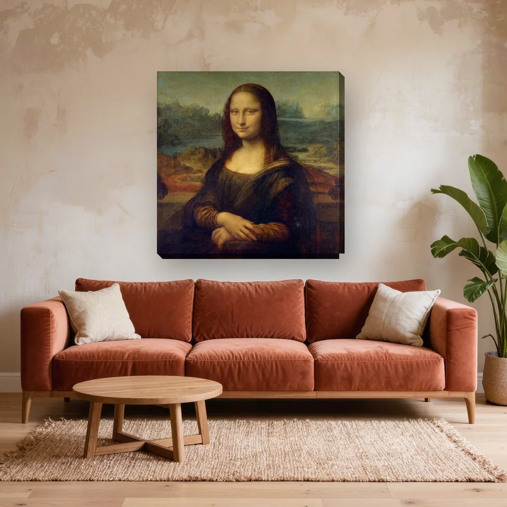 Malen nach Zahlen Mona Lisa von Leonardo da Vinci – fertiges Gemälde in einem Wohnzimmer