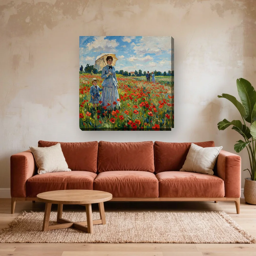 Malen nach Zahlen Mohnblumenfeld von Monet – fertiges Gemälde in einem Wohnzimmer