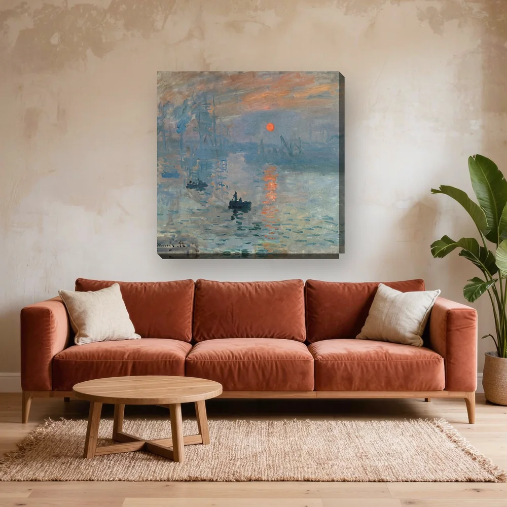 Malen nach Zahlen Impression, Sonnenaufgang von Monet – fertiges Gemälde in einem Wohnzimmer
