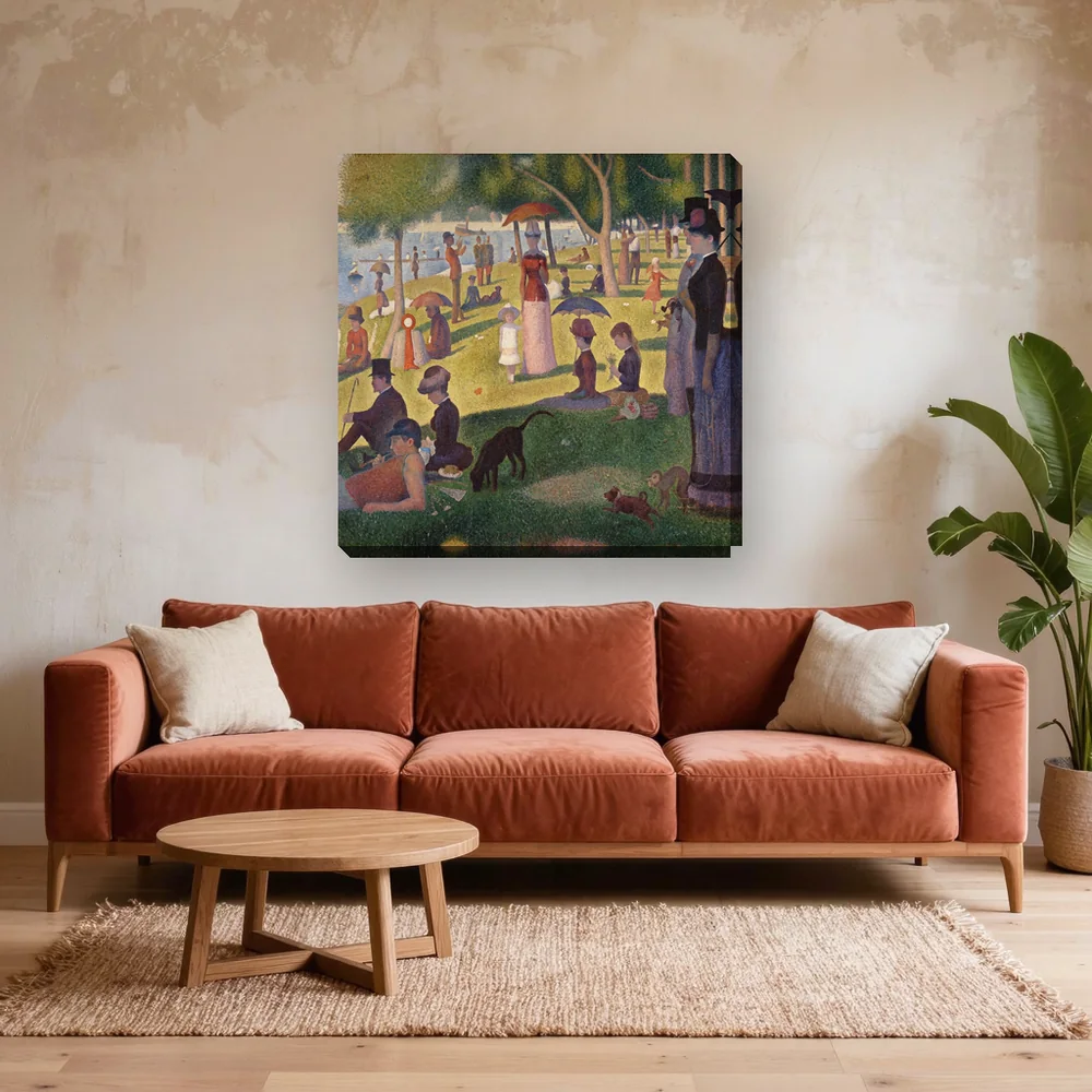 Malen nach Zahlen berühmte Gemälde: Sonntagnachmittag auf La Grande Jatte – fertiges Gemälde in einem Wohnzimmer