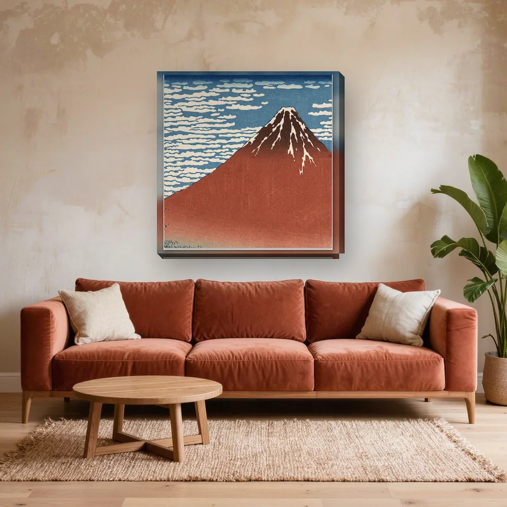 Malen nach Zahlen Der rote Fuji von Hokusai – fertiges Gemälde in einem Wohnzimmer