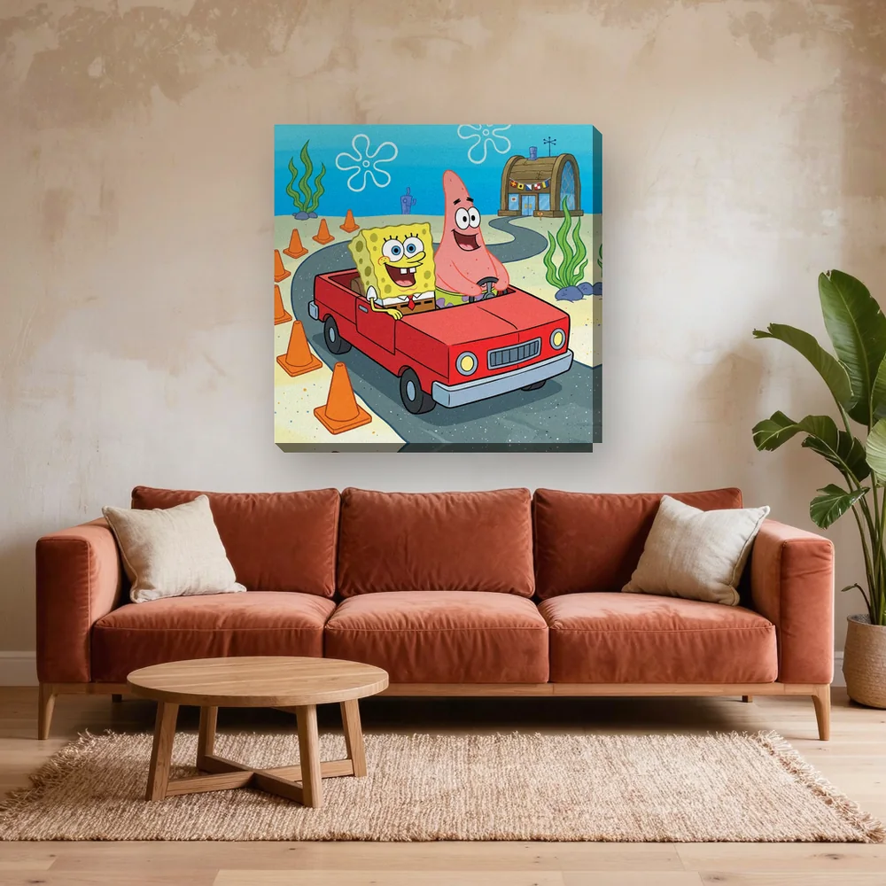 Malen nach Zahlen SpongeBob Schwammkopf und Patrick im Auto – fertiges Gemälde in einem Wohnzimmer
