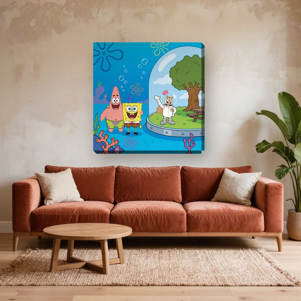Malen nach Zahlen SpongeBob Schwammkopf, Patrick und Sandy – fertiges Gemälde in einem Wohnzimmer