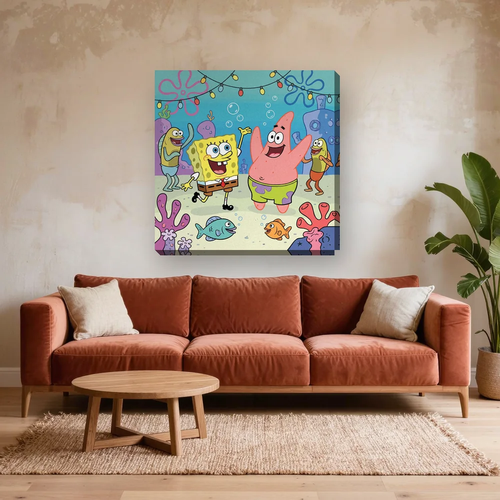 Malen nach Zahlen SpongeBob Schwammkopf und Patrick beim Tanzen – fertiges Gemälde in einem Wohnzimmer