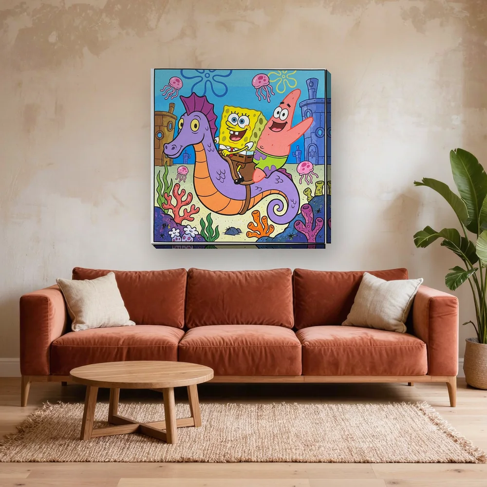 Malen nach Zahlen SpongeBob Schwammkopf und Patrick auf einem Seepferdchen – fertiges Gemälde in einem Wohnzimmer