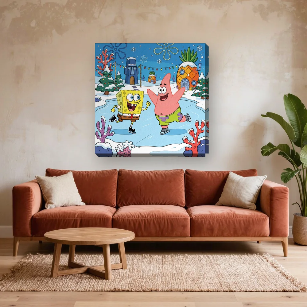 Malen nach Zahlen SpongeBob Schwammkopf und Patrick auf dem Eis – fertiges Gemälde in einem Wohnzimmer