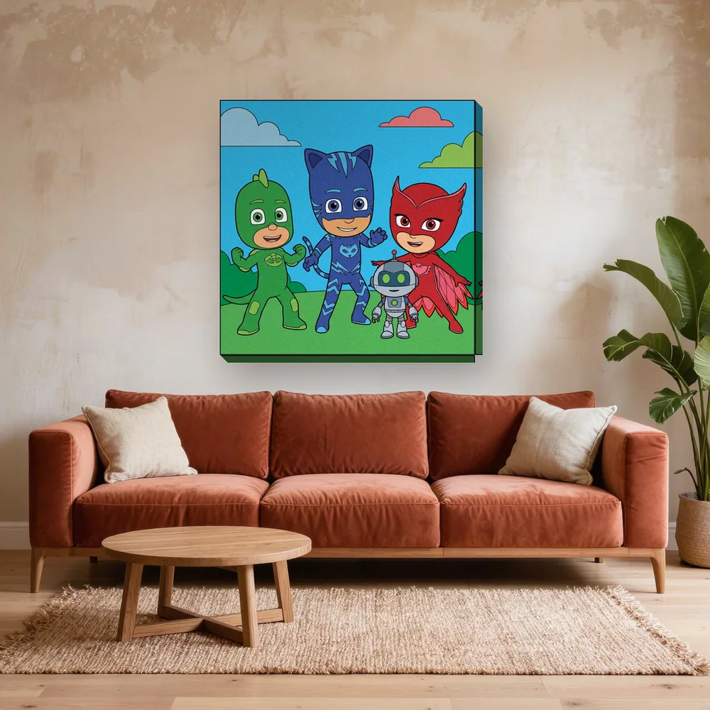 Malen nach Zahlen PJ Masks und Robo-Pyjama – fertiges Gemälde in einem Wohnzimmer