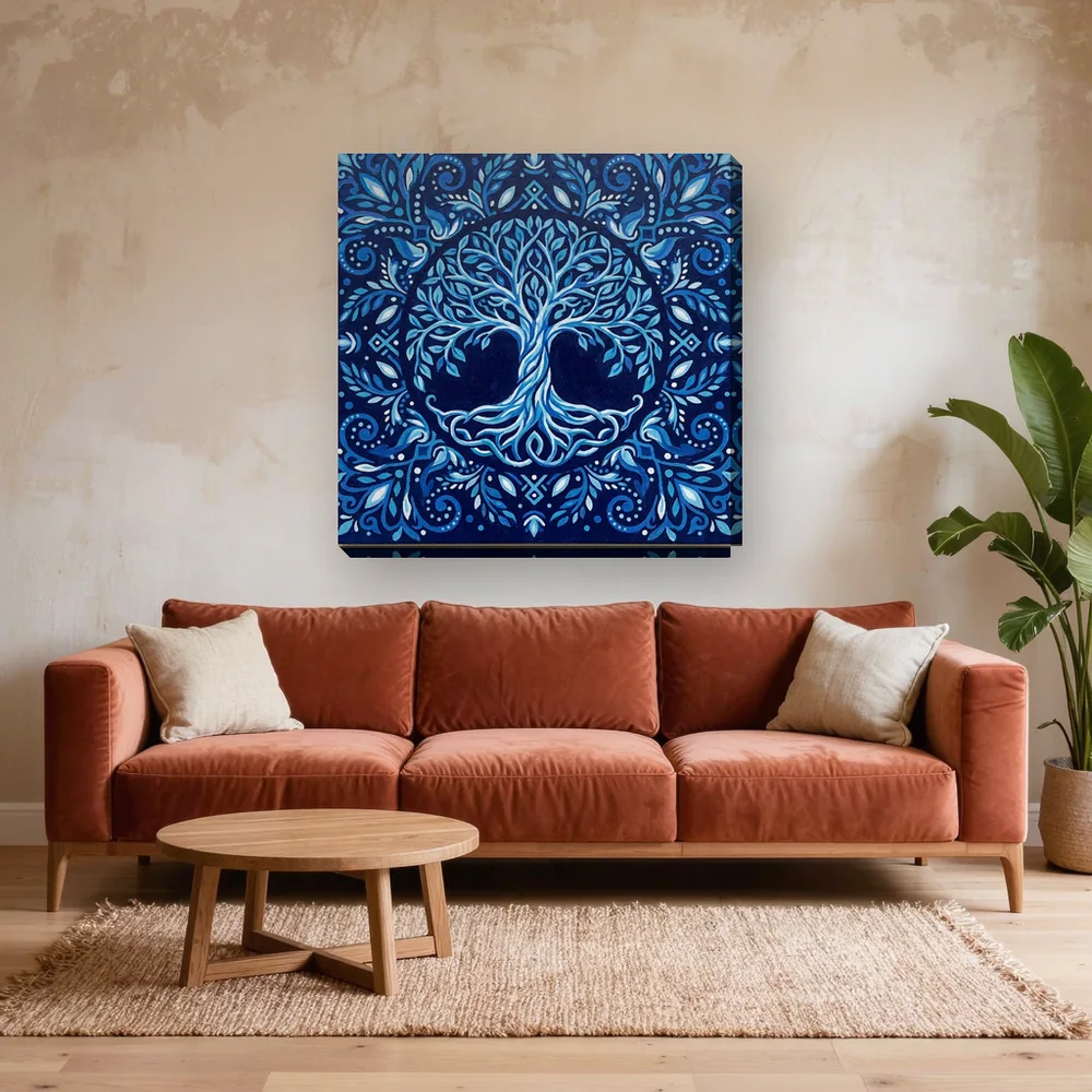Malen nach Zahlen Lebensbaum Mandala in Blau – fertiges Gemälde in einem Wohnzimmer