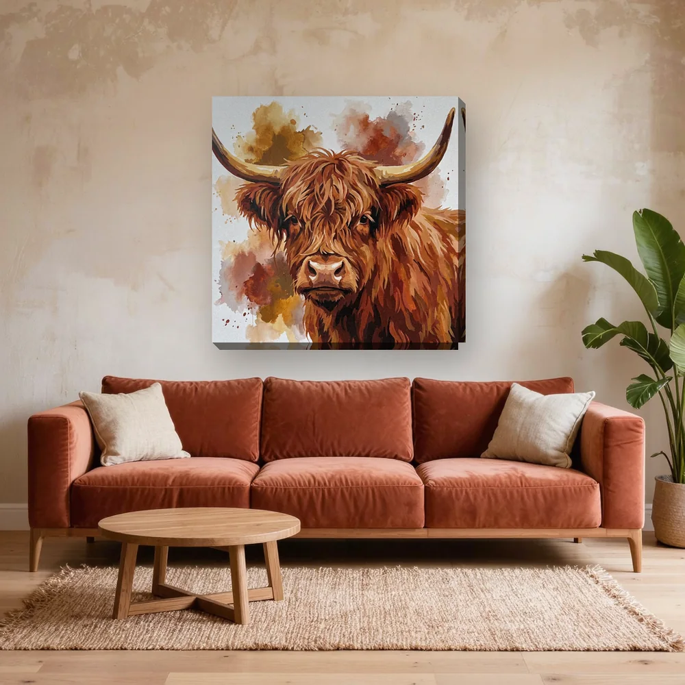 Malen nach Zahlen Highland-Kuh Aquarell – fertiges Gemälde in einem Wohnzimmer