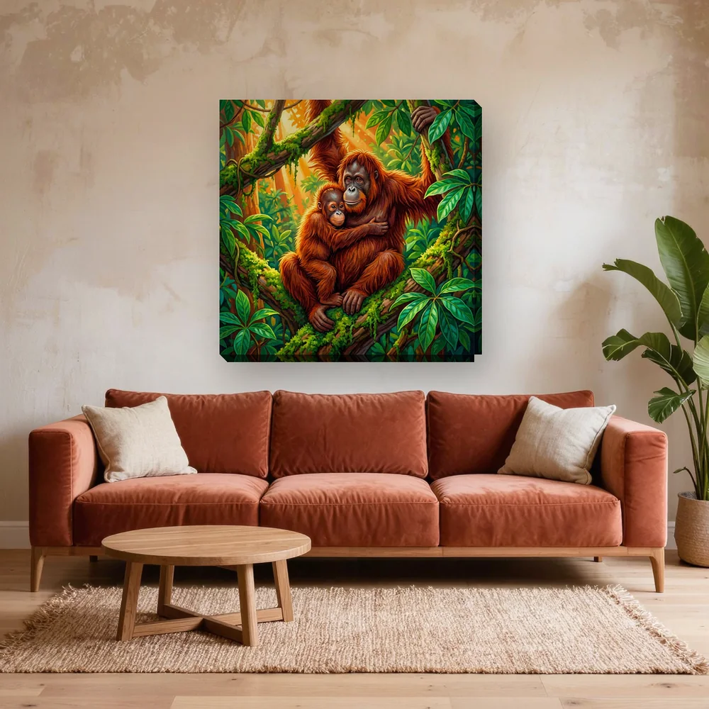 Malen nach Zahlen Affe: Orang-Utan Mutter und Baby im Dschungel – fertiges Gemälde in einem Wohnzimmer
