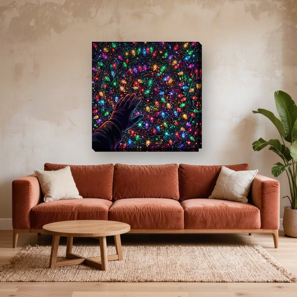 Malen nach Zahlen Hand und Lichterkette – fertiges Gemälde in einem Wohnzimmer