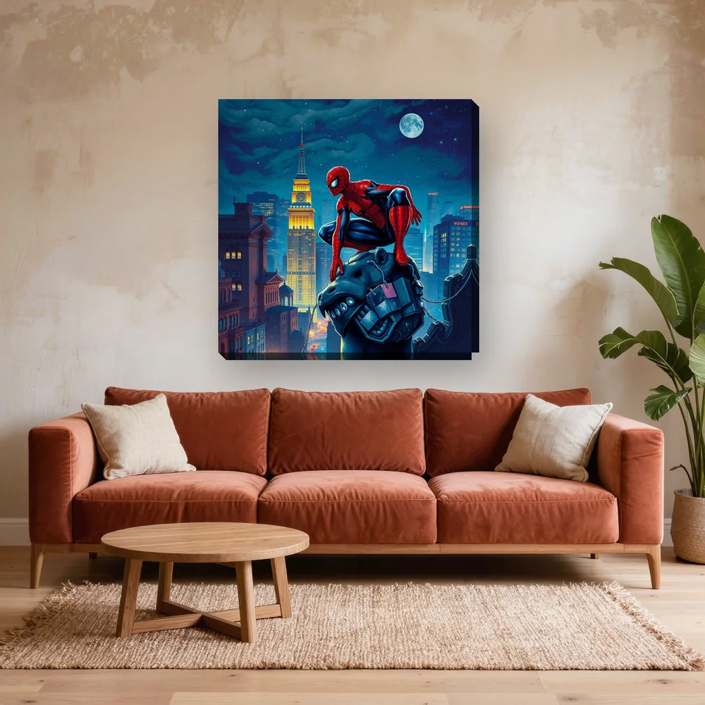 Malen nach Zahlen Spider-Man auf einem Wasserspeier bei Nacht – fertiges Gemälde in einem Wohnzimmer