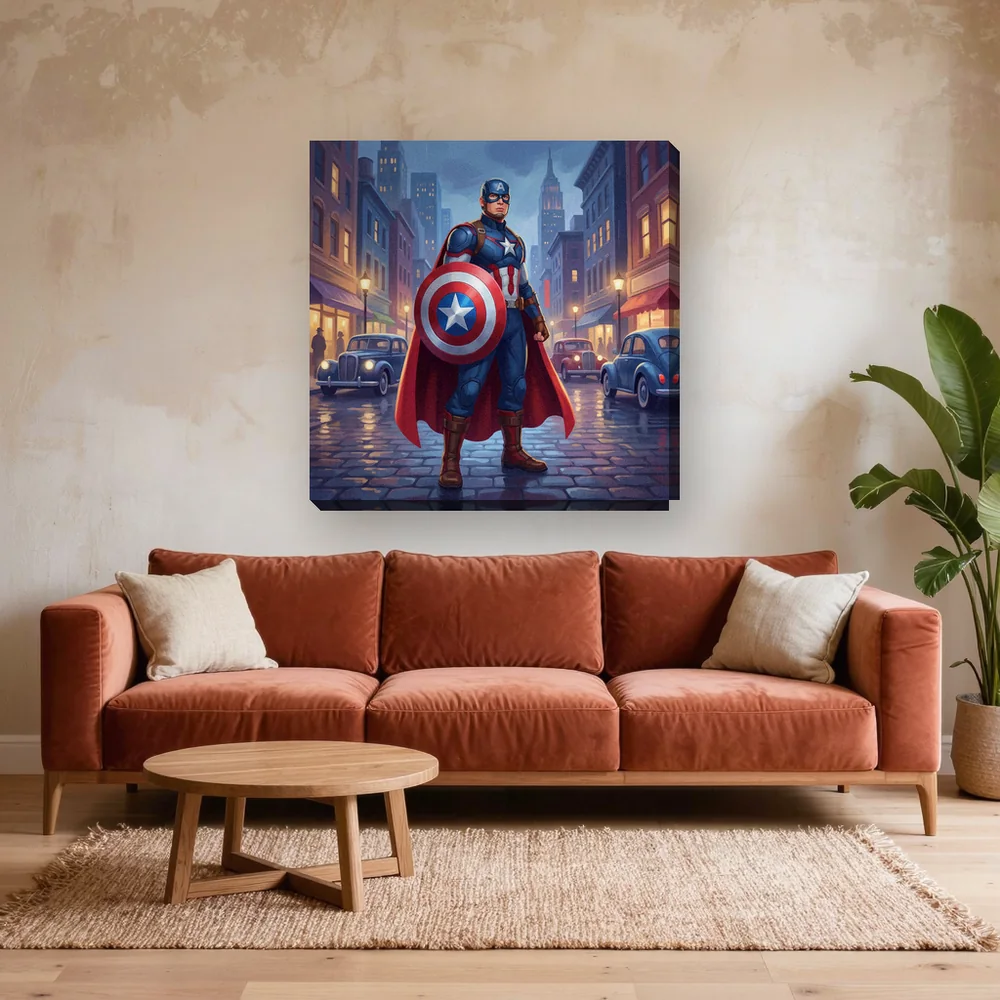 Malen nach Zahlen Captain America mit Schild auf der Straße – fertiges Gemälde in einem Wohnzimmer