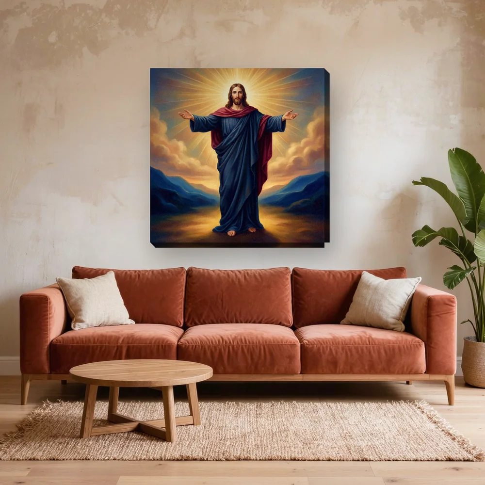 Malen nach Zahlen Jesus Christus mit ausgebreiteten Armen – fertiges Gemälde in einem Wohnzimmer