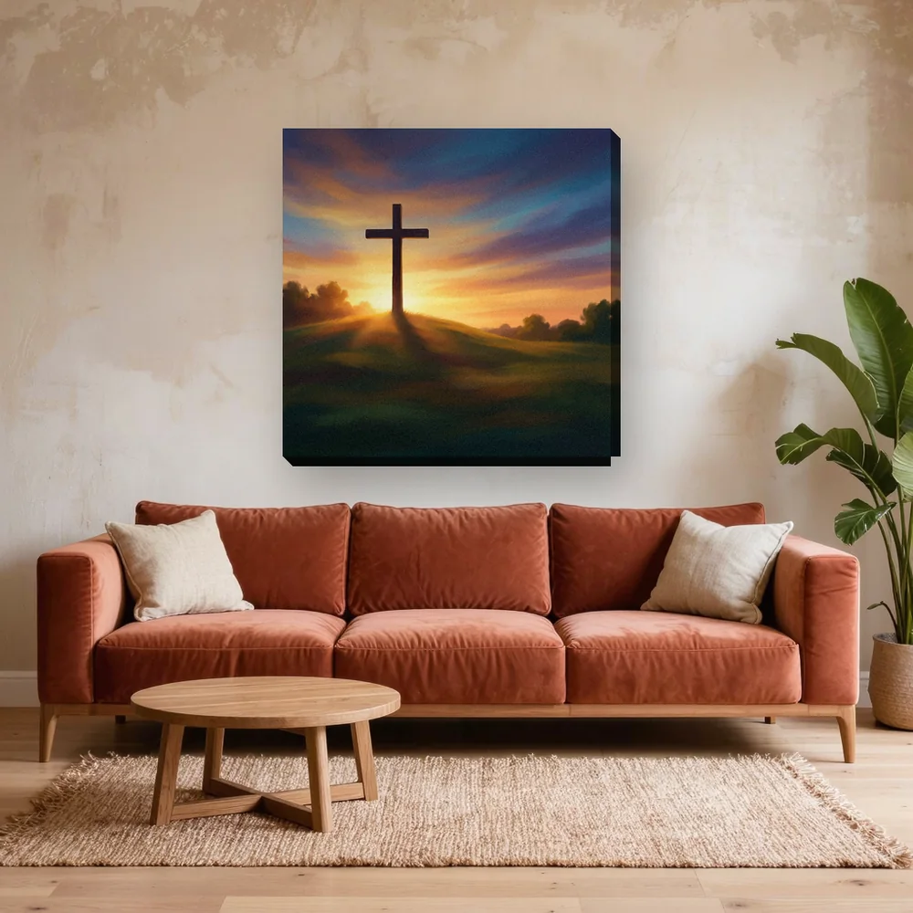 Malen nach Zahlen christlich: Kreuz auf Hügel bei Sonnenaufgang – fertiges Gemälde in einem Wohnzimmer