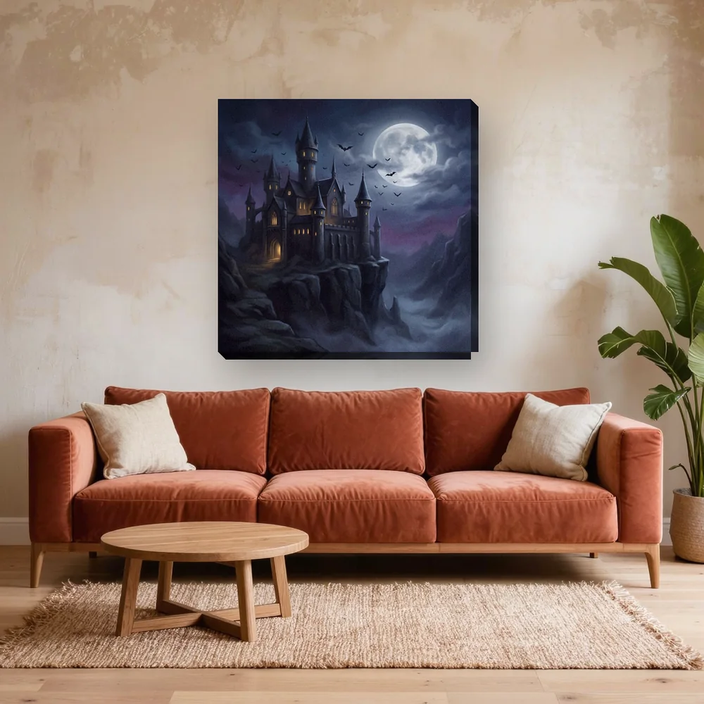 Malen nach Zahlen gotisches Schloss unter Vollmond – fertiges Gemälde in einem Wohnzimmer