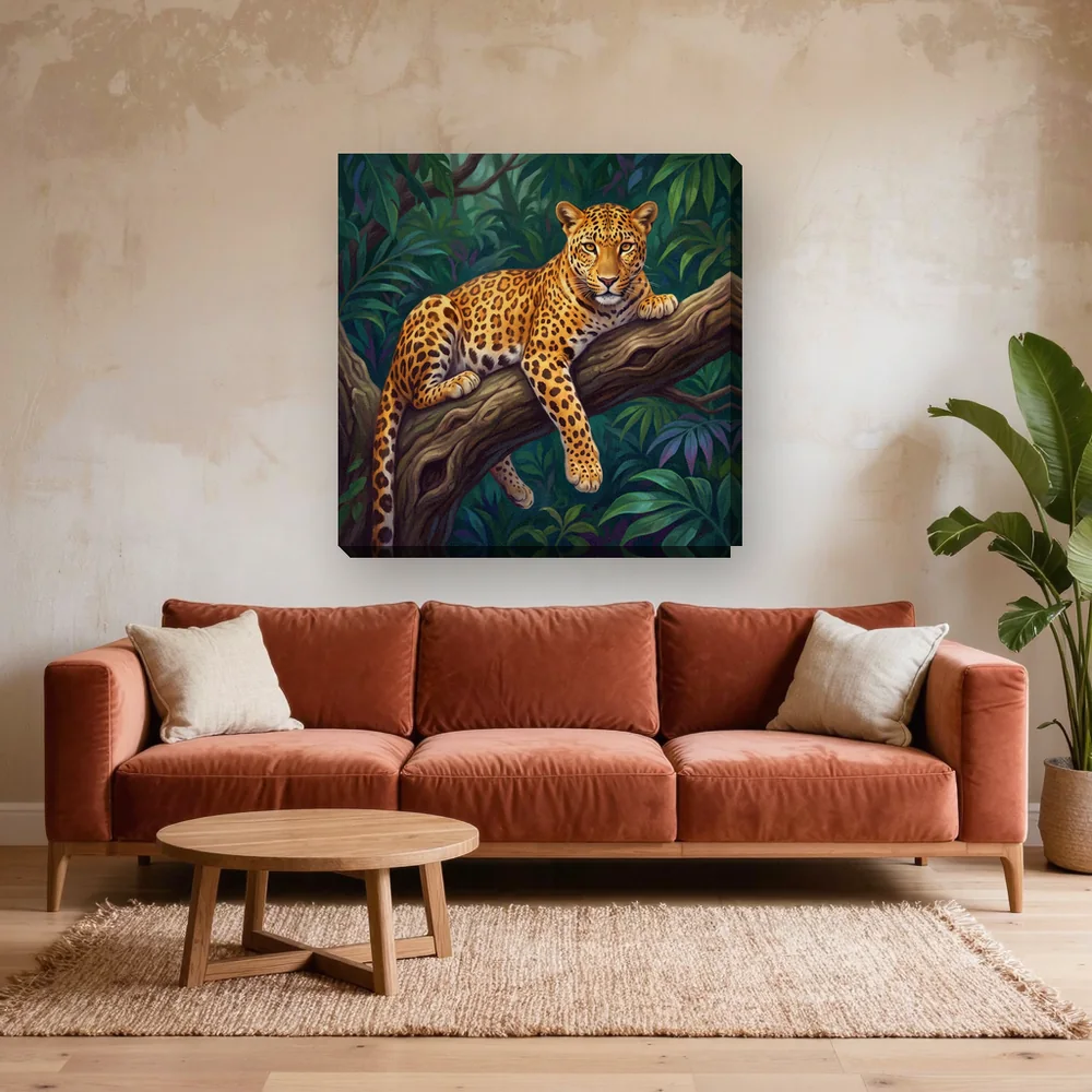 Malen nach Zahlen Leopard auf einem Ast – fertiges Gemälde in einem Wohnzimmer