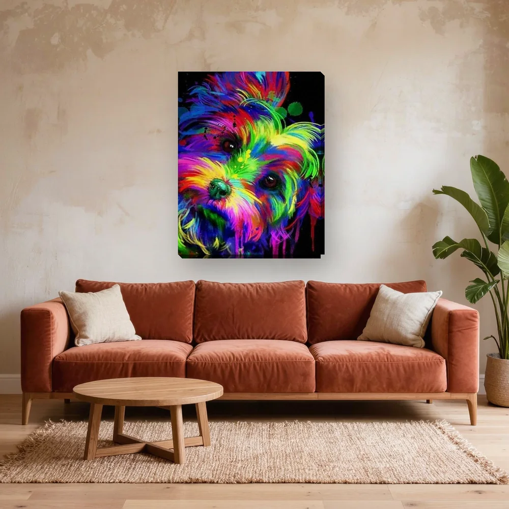 Malen nach Zahlen Yorkshire Terrier Pop-Art – fertiges Gemälde in einem Wohnzimmer