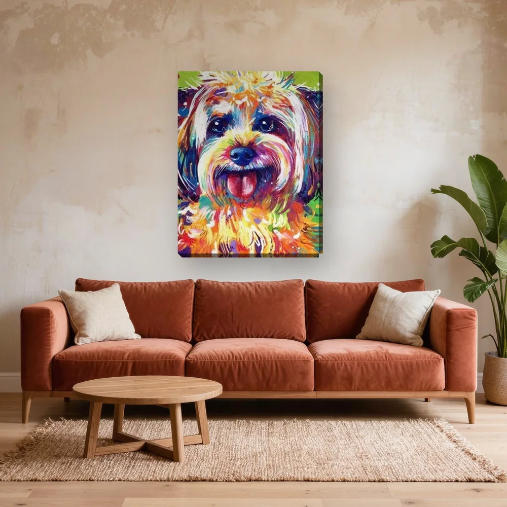 Malen nach Zahlen Hund Pop-Art bunt auf grünem Hintergrund – fertiges Gemälde in einem Wohnzimmer