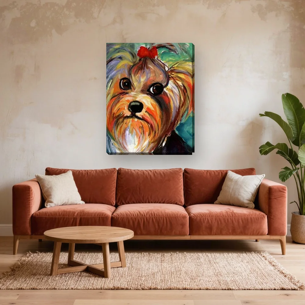 Malen nach Zahlen Yorkshire Terrier mit roter Schleife – fertiges Gemälde in einem Wohnzimmer