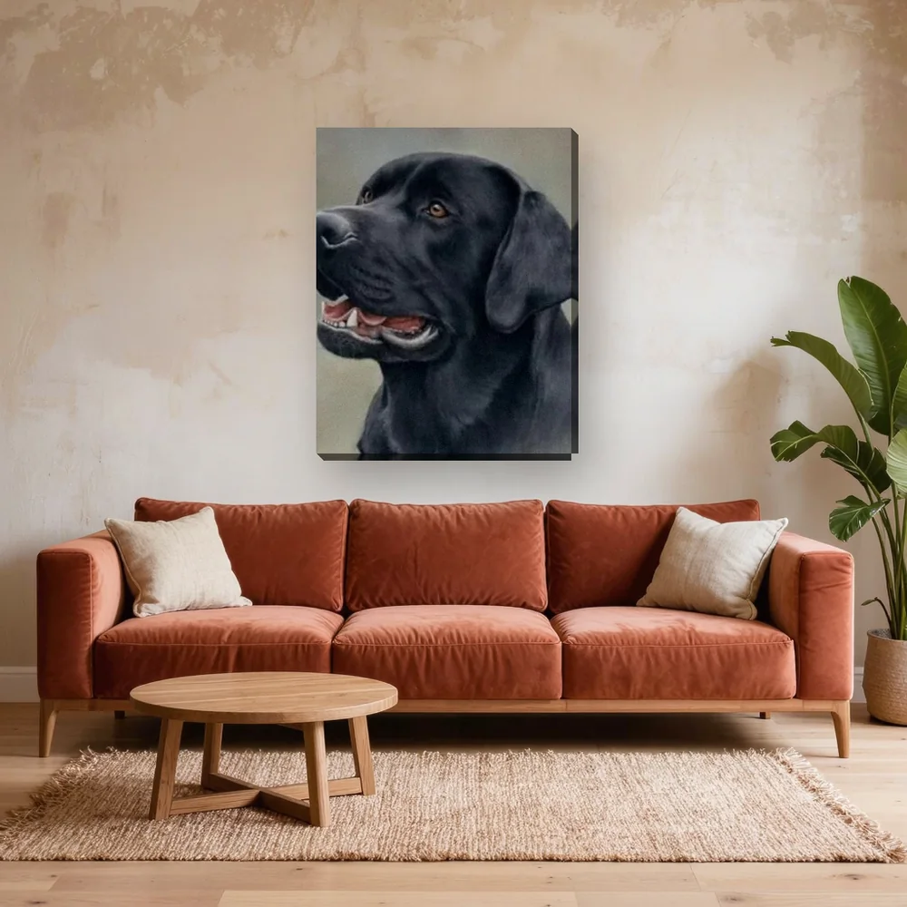 Malen nach Zahlen Hundeporträt schwarzer Labrador – fertiges Gemälde in einem Wohnzimmer