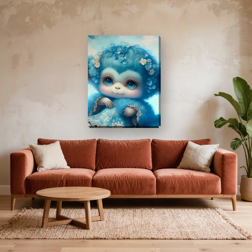 Malen nach Zahlen Baby-Affe in Blau mit Blumenkranz – fertiges Gemälde in einem Wohnzimmer