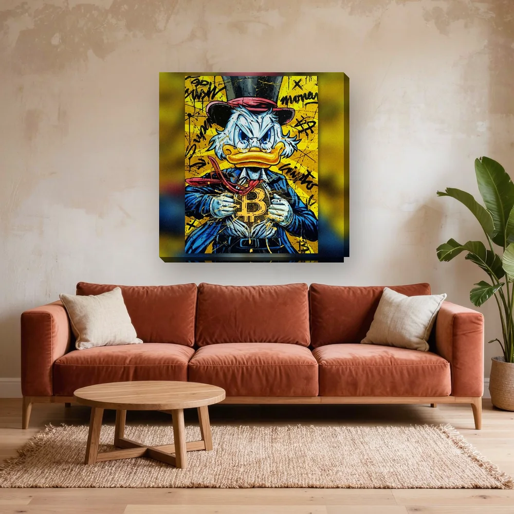 Malen nach Zahlen Dagobert Duck Pop-Art Bitcoin – fertiges Gemälde in einem Wohnzimmer