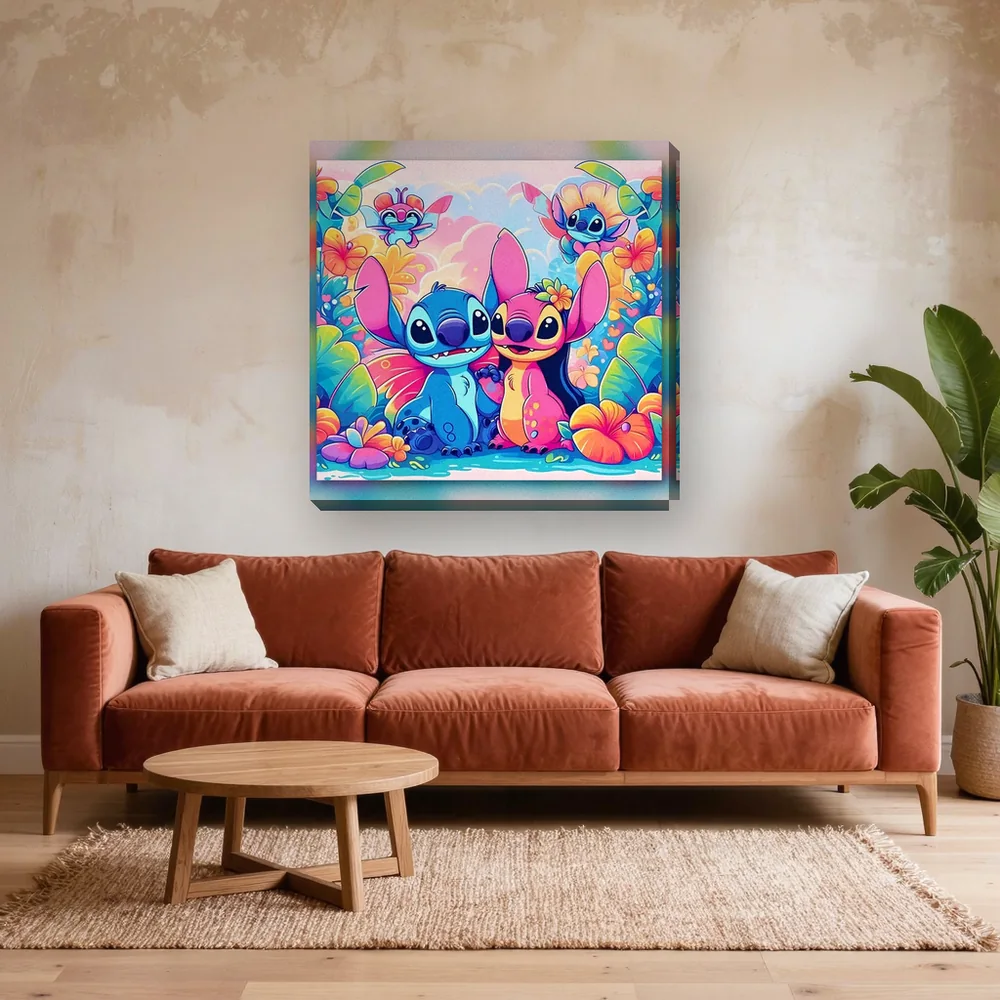 Malen nach Zahlen Lilo & Stitch: Stitch und Angel mit Hibiskusblüten – fertiges Gemälde in einem Wohnzimmer