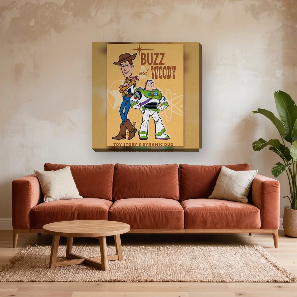 Malen nach Zahlen Woody und Buzz Lightyear Retro-Poster – fertiges Gemälde in einem Wohnzimmer