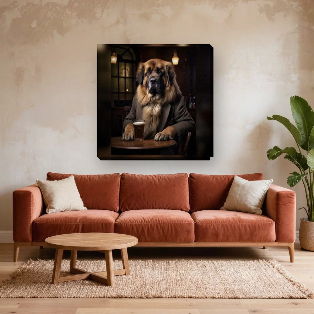 Malen nach Zahlen Leonberger im Pub – fertiges Gemälde in einem Wohnzimmer