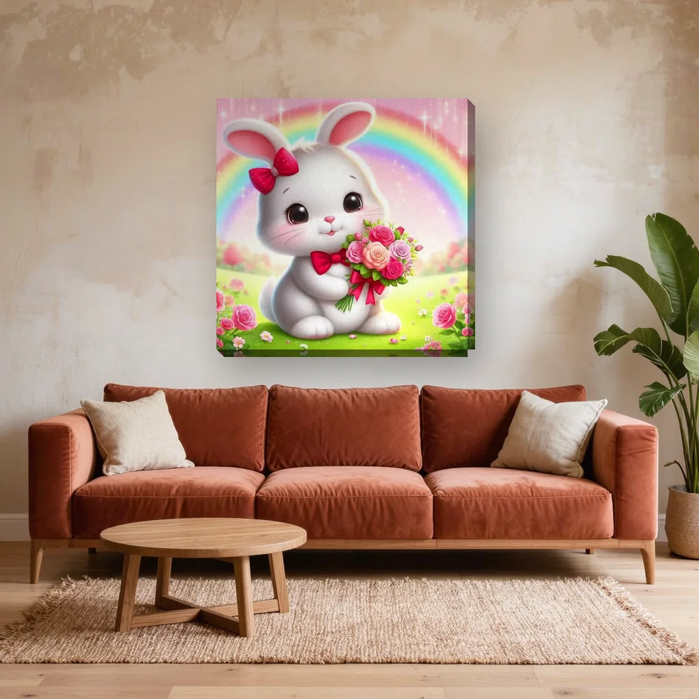 Malen nach Zahlen weißer Hase mit Rosenstrauß und Regenbogen – fertiges Gemälde in einem Wohnzimmer