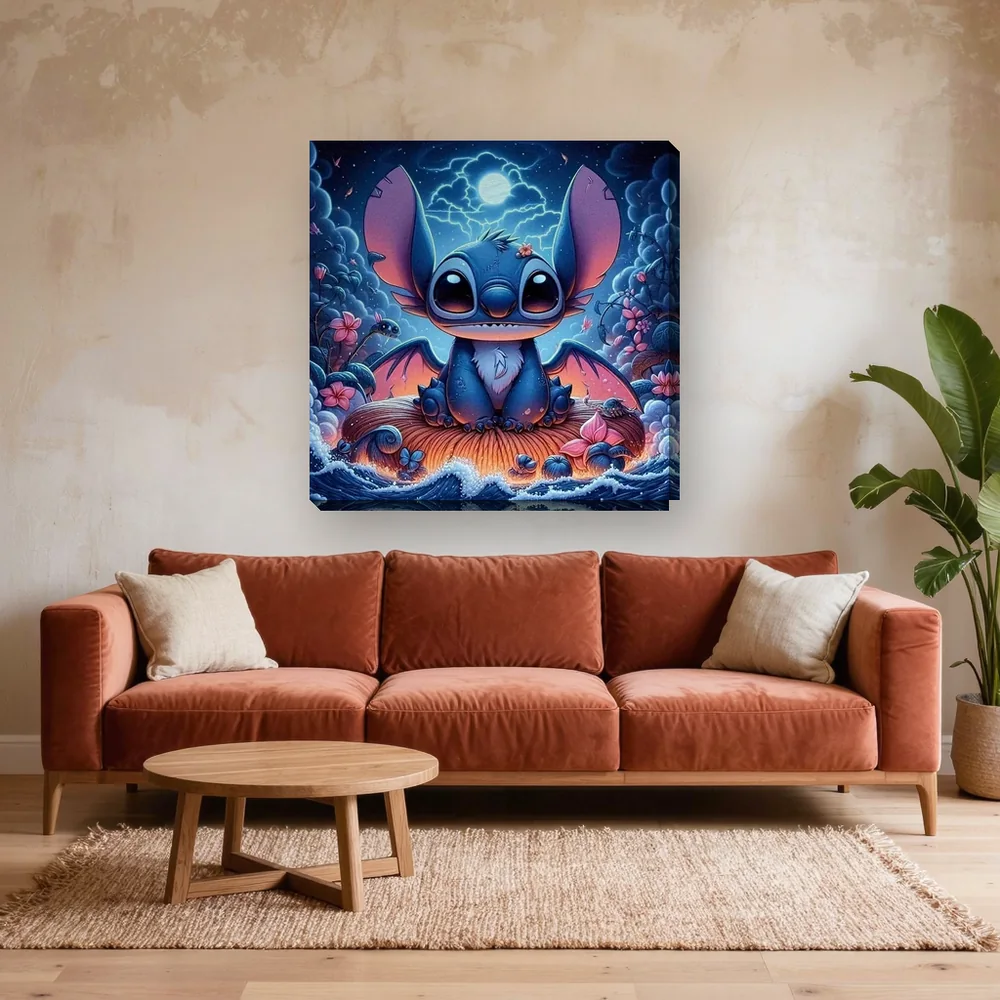 Malen nach Zahlen Lilo & Stitch mit Drachenflügeln und Vollmond – fertiges Gemälde in einem Wohnzimmer