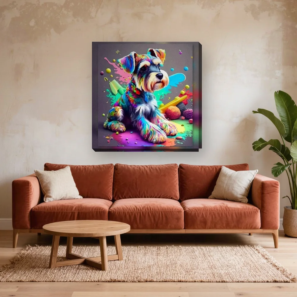 Malen nach Zahlen Schnauzer im Pop-Art-Stil mit Farbklecksen – fertiges Gemälde in einem Wohnzimmer