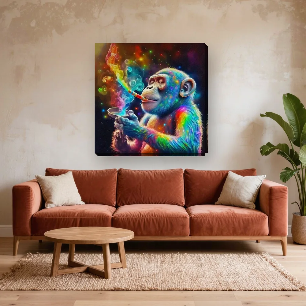 Malen nach Zahlen Pop-Art-Schimpanse mit bunten Rauchschwaden – fertiges Gemälde in einem Wohnzimmer