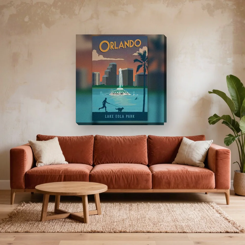 Malen nach Zahlen Stadt: Vintage-Poster Orlando, Lake Eola Park – fertiges Gemälde in einem Wohnzimmer