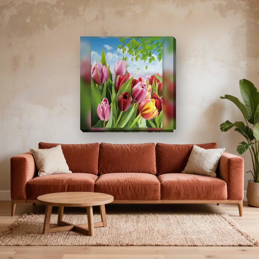Malen nach Zahlen Frühling: Tulpenfeld unter blauem Himmel – fertiges Gemälde in einem Wohnzimmer