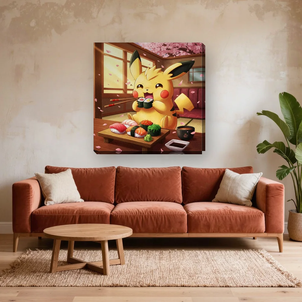 Malen nach Zahlen Pikachu beim Sushi-Essen – fertiges Gemälde in einem Wohnzimmer