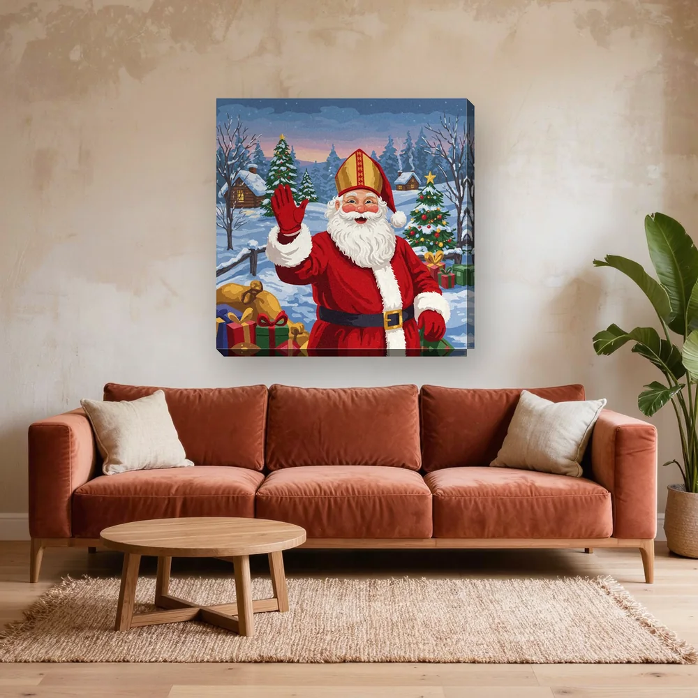 Malen nach Zahlen Nikolaus und Weihnachtsgeschenke – fertiges Gemälde in einem Wohnzimmer