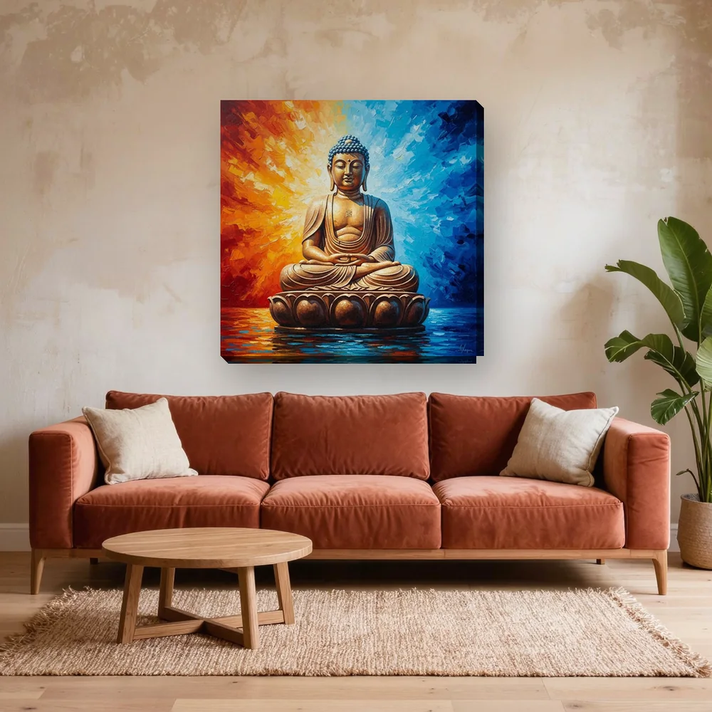 Malen nach Zahlen sitzender Buddha auf einer Lotusblume – fertiges Gemälde in einem Wohnzimmer