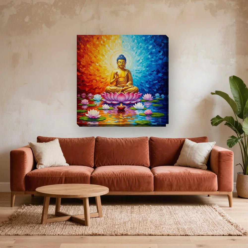 Malen nach Zahlen Buddha auf einer Lotusblume – fertiges Gemälde in einem Wohnzimmer