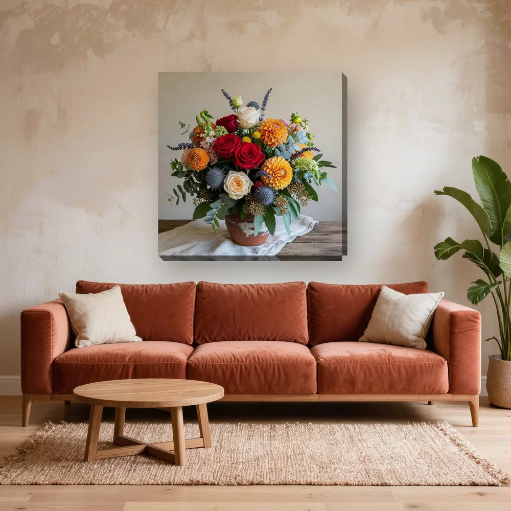 Malen nach Zahlen Blumenstrauß in einer Terrakotta-Vase – fertiges Gemälde in einem Wohnzimmer
